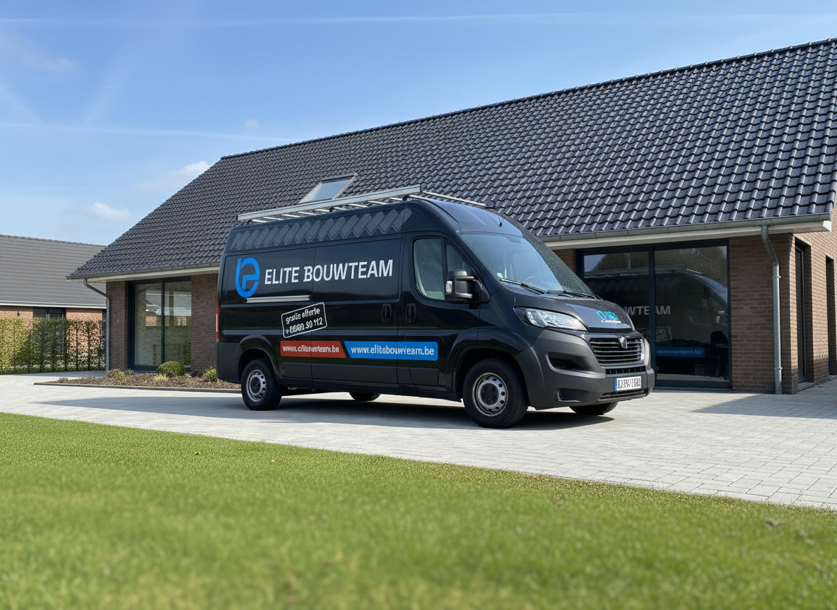 Bestelwagen van Elite Bouwteam voor een woning met een nieuw antraciet pannendak